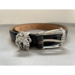 Brighton Womens Belt Black Leather Embossed Silver Charm Buckle Small B10073 28"